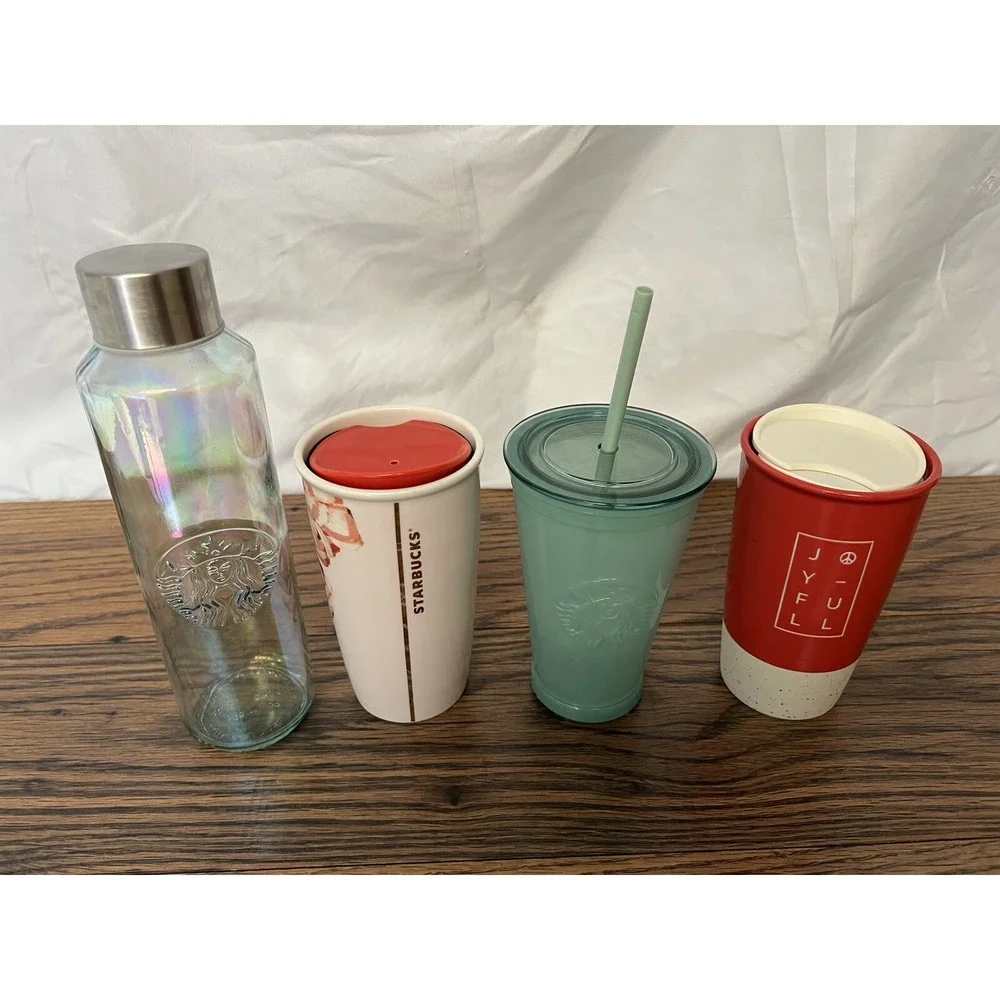 Lot of STARBUCKS Cups‎ - Joyful, Iridescent Glass, Frosted Green, Floral Poppies